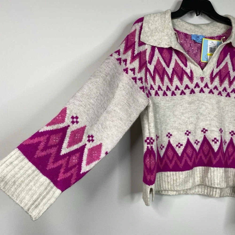 CeCe Women's Medium Collared‎ Fair Isle Sweater Beige/Magenta Long Flare Sleeve